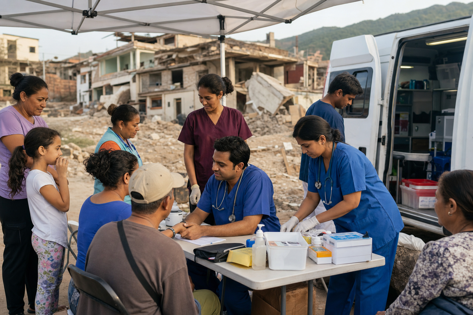 Indian and Venezuelan medical workers care for patients at a temporary clinic in an earthquake-affected neighborhood.