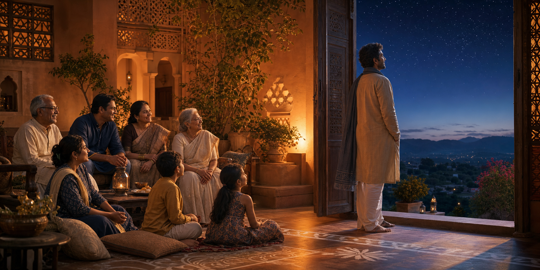 A multigenerational Indian family gathers in a lit courtyard while one member stands at an open doorway facing the starlit landscape.