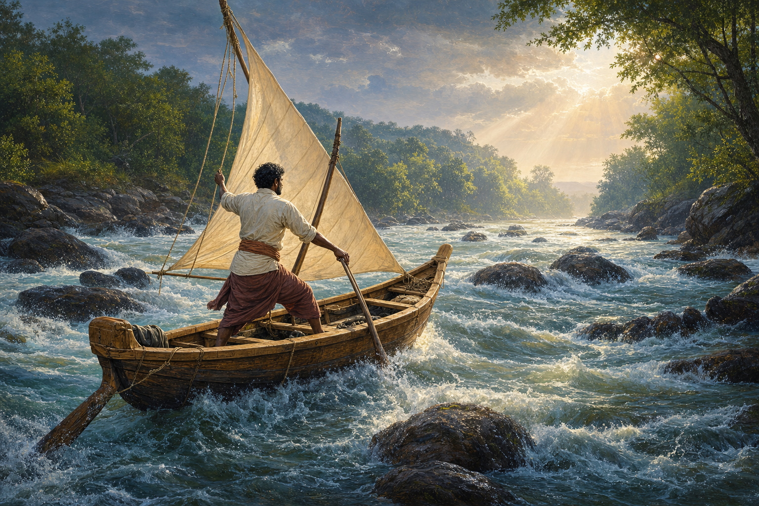An Indian craftsperson balances in a small sailboat while adjusting its course through wind, current, and rocks.