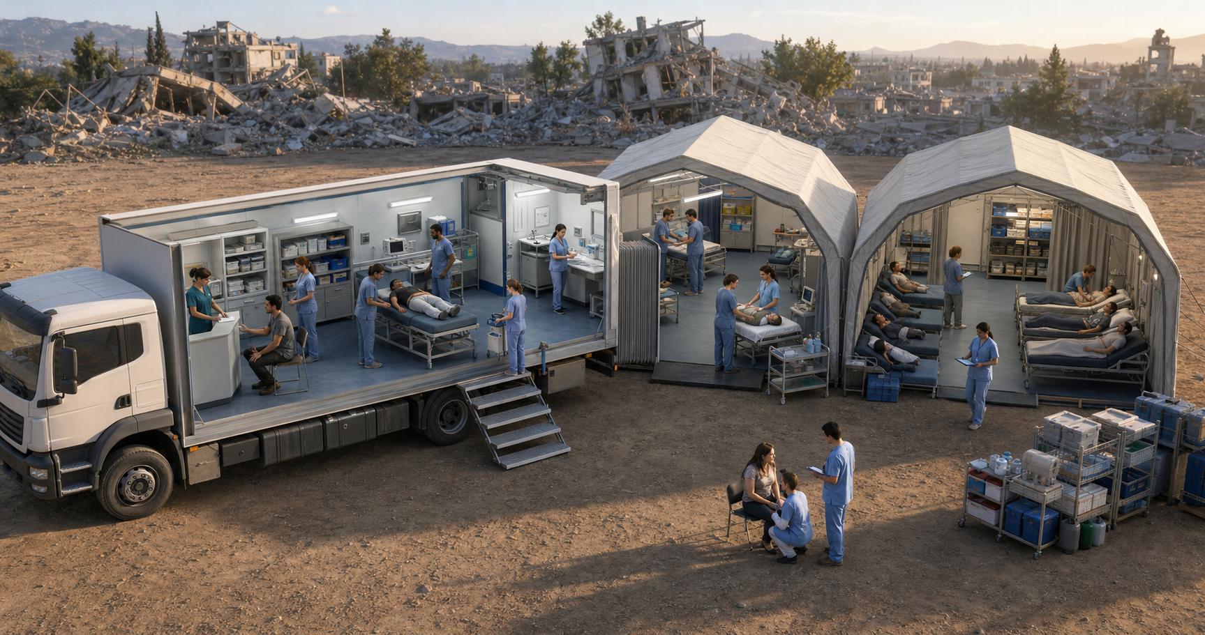 Medical teams examine and treat earthquake survivors inside an organized mobile hospital.