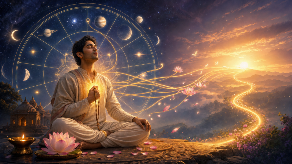 Devotee meditating with japa beads beside a Jyotisha chart and a golden path leading toward dawn.