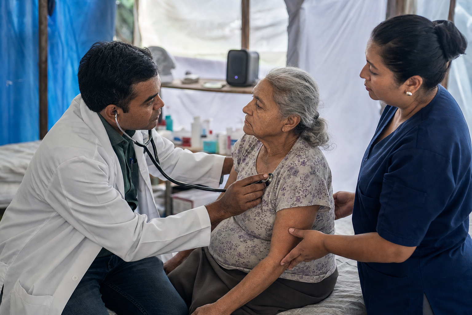 A physician and local nurse provide attentive care to an older earthquake survivor while family members remain nearby.