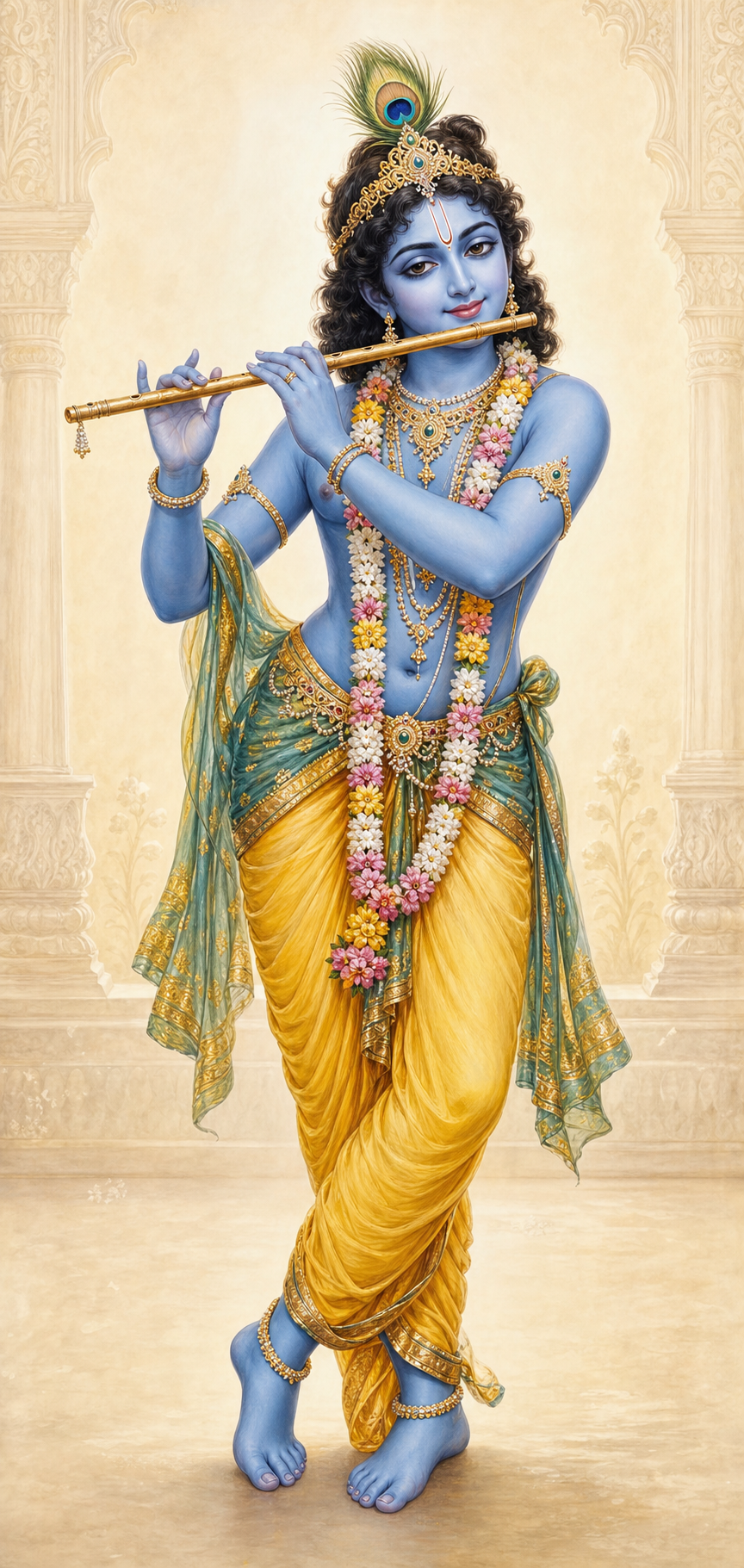 Full-length study of blue Krishna holding a flute in a curved three-bend posture, wearing a yellow garment, flower garland, and peacock feather.