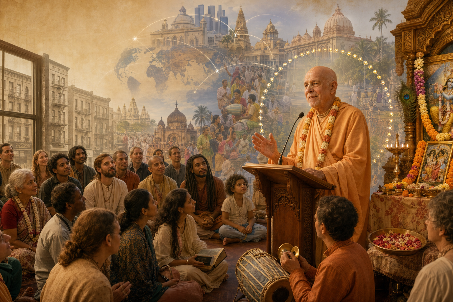 Senior ISKCON teacher in saffron robes addresses a diverse congregation in a historic New York storefront beside a devotional altar.