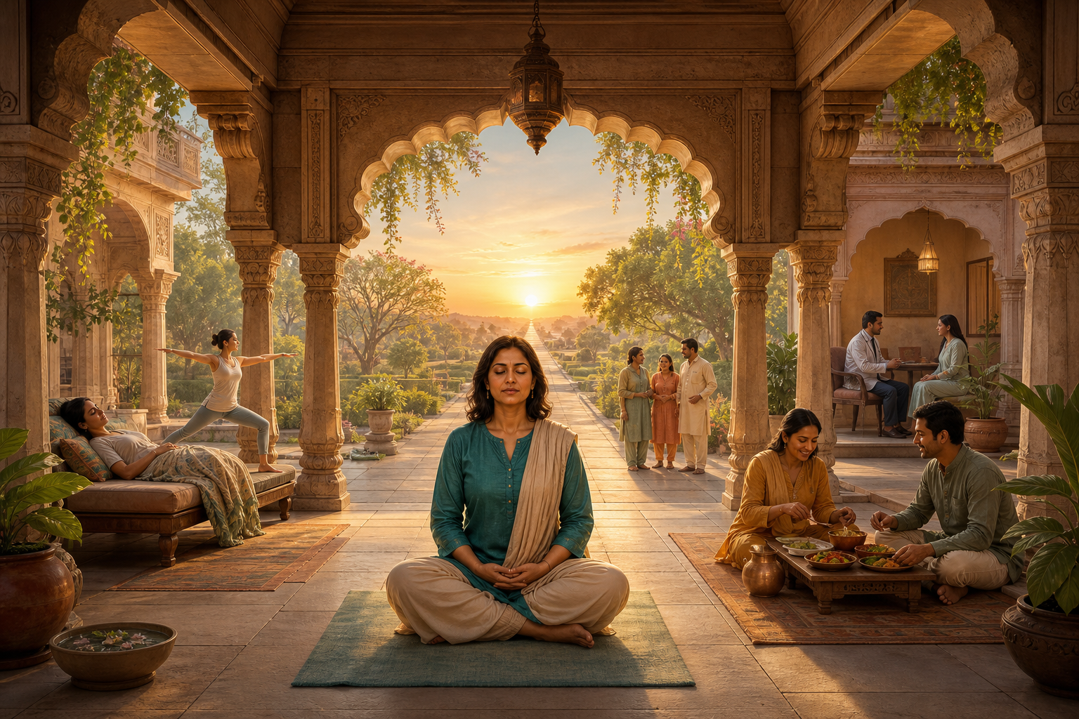 A person sits in reflection within an open pavilion surrounded by scenes of movement, nourishing food, clinical care, supportive relationships, and a path toward sunrise.