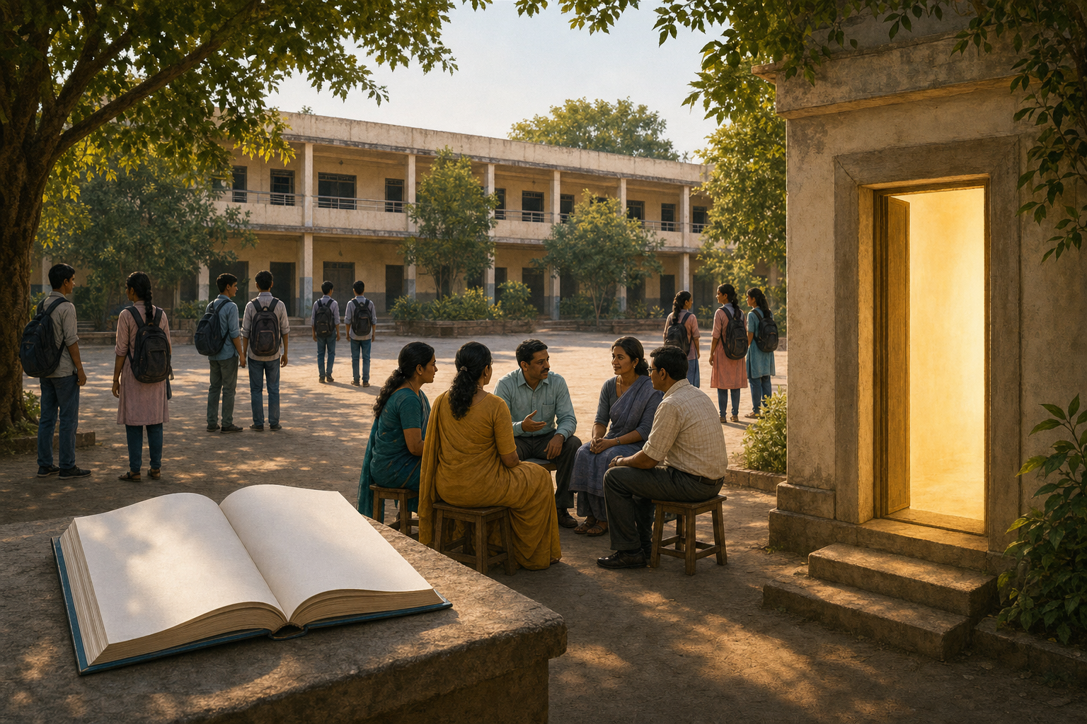 Students, parents and educators gather in a Telangana school courtyard beside an open book and a softly lit doorway.