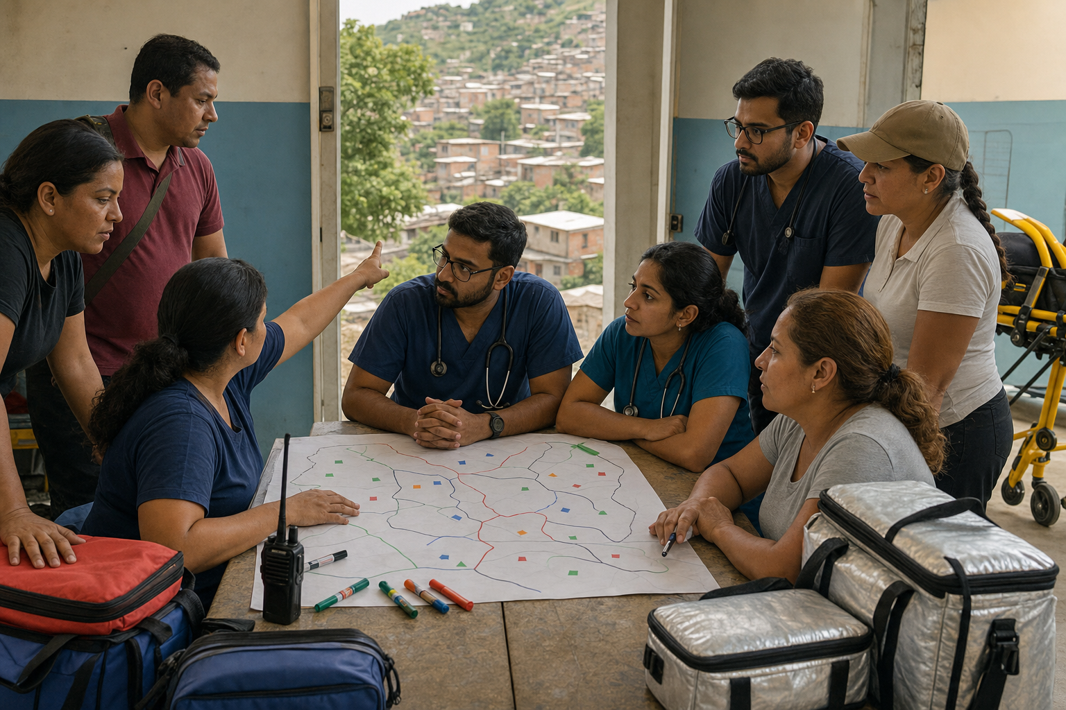 Local health workers and visiting doctors coordinate earthquake relief around an unlabeled neighborhood map in a clinic.