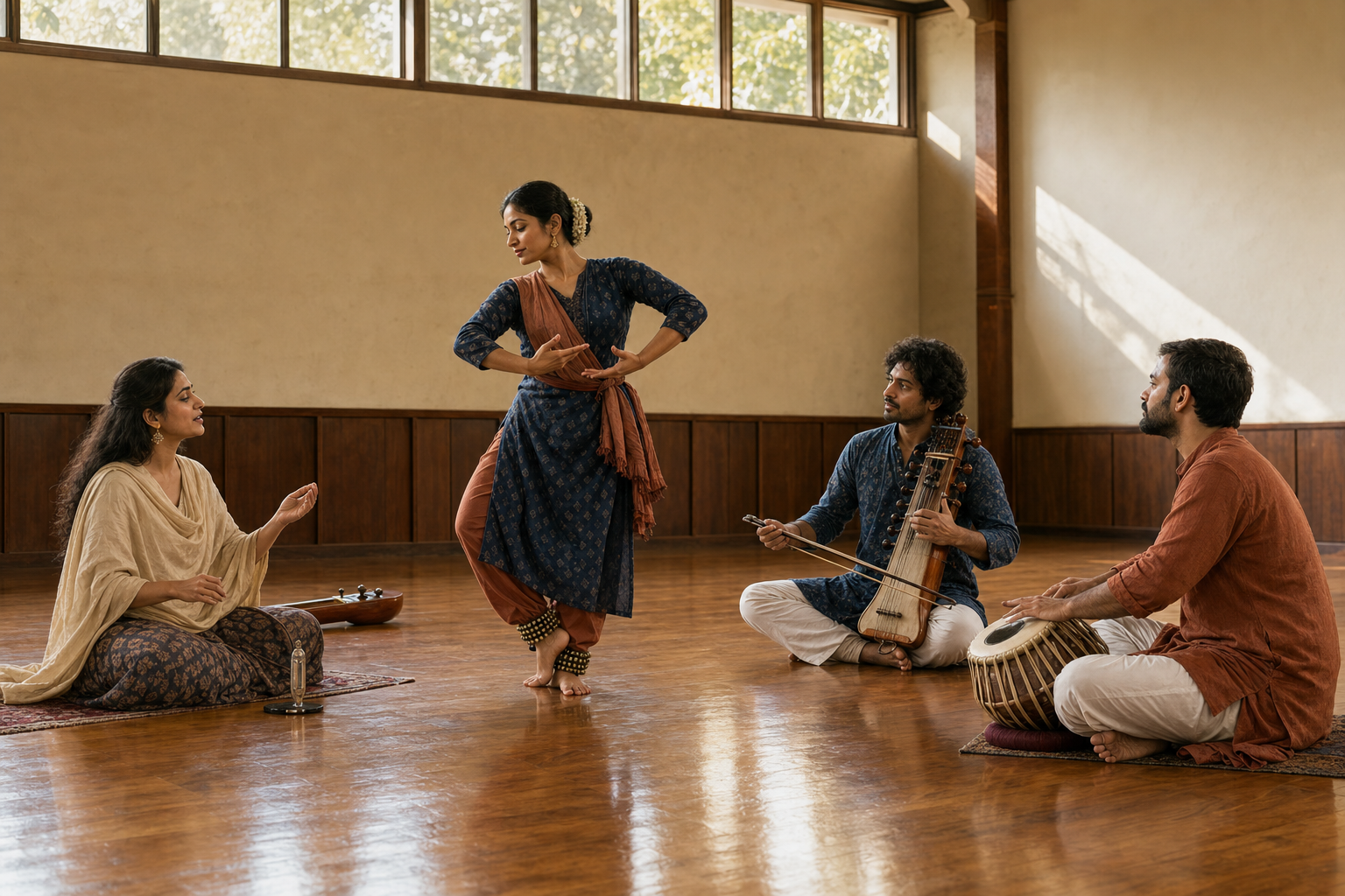 A classical dancer rehearses in a studio with a vocalist, a string musician, and a hand-drum player arranged in an attentive ensemble.