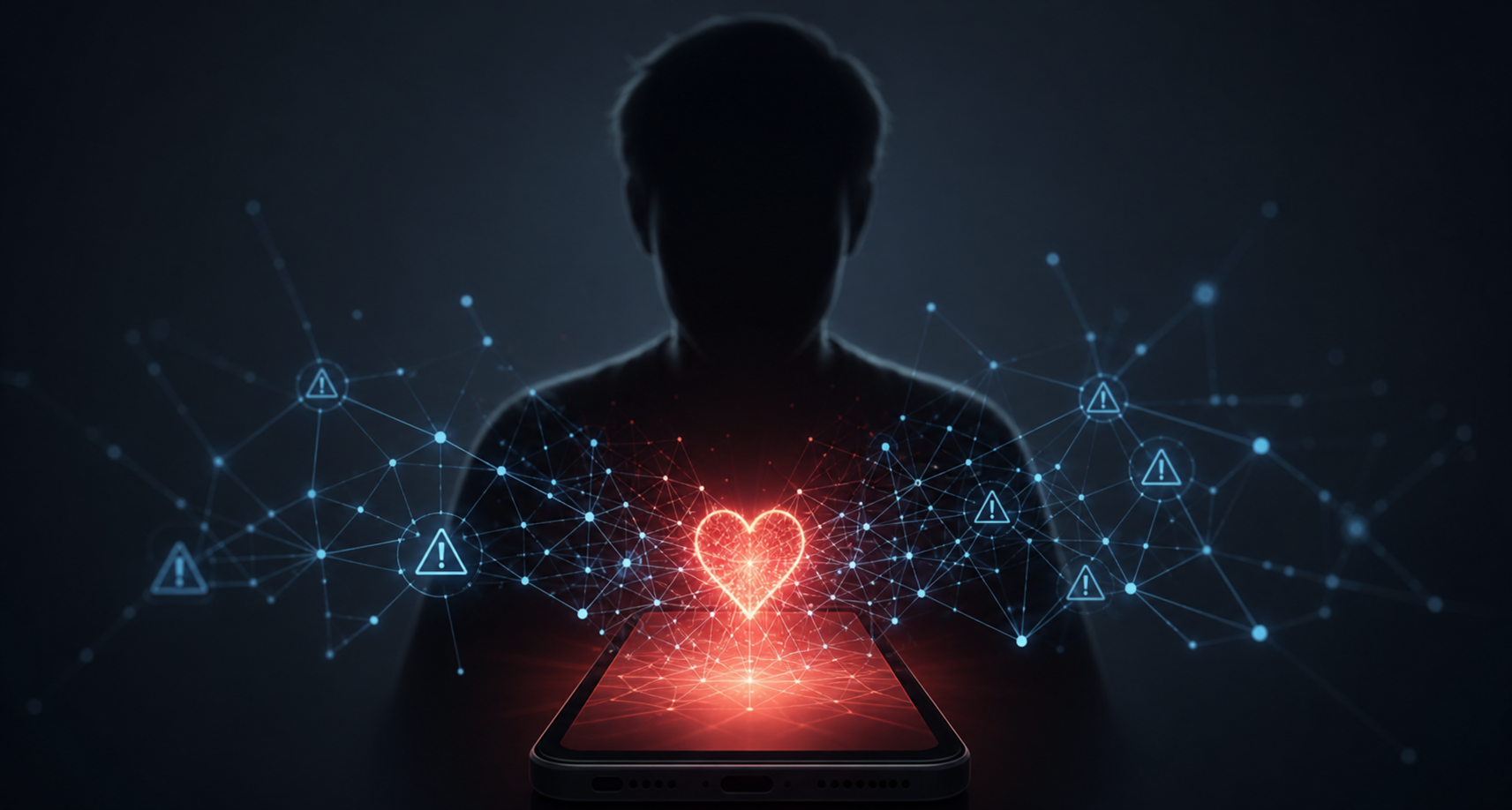 A fictional silhouette holds a glowing smartphone as a heart-shaped light becomes a web of digital connections and warning points.
