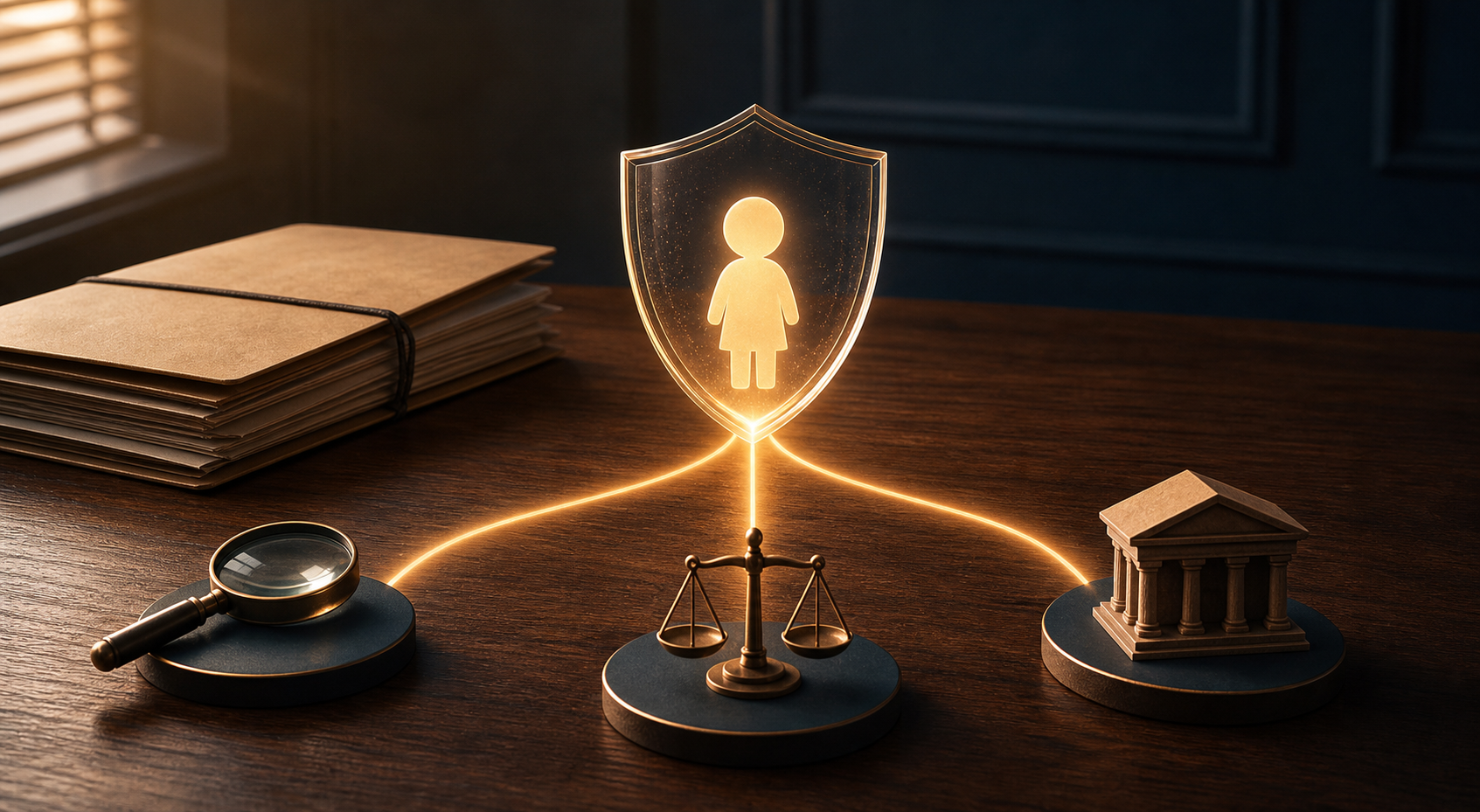 A symbolic child silhouette protected by a shield beside a case file, magnifying glass, scales, and an institutional building.