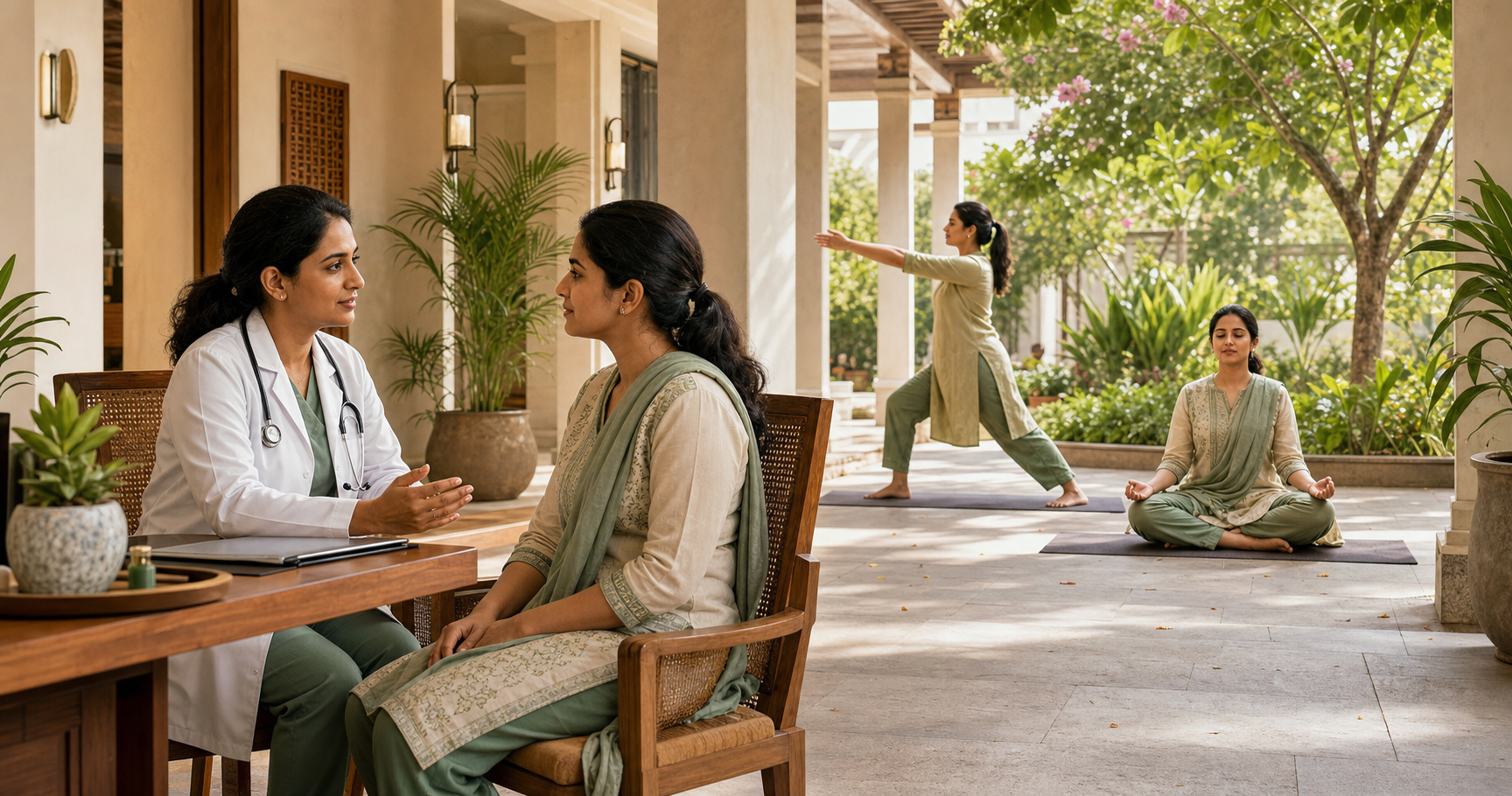 A patient speaks with a physician in a clinic courtyard while an adjoining garden shows gentle movement and meditation practices.