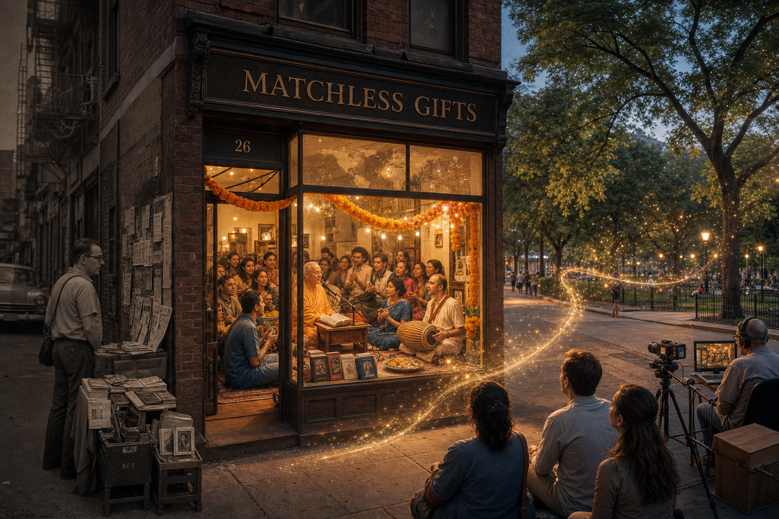 Cinematic illustration of the Matchless Gifts storefront at 26 Second Avenue, where a joyful kirtan glows through the window as golden light flows toward Tompkins Square Park.