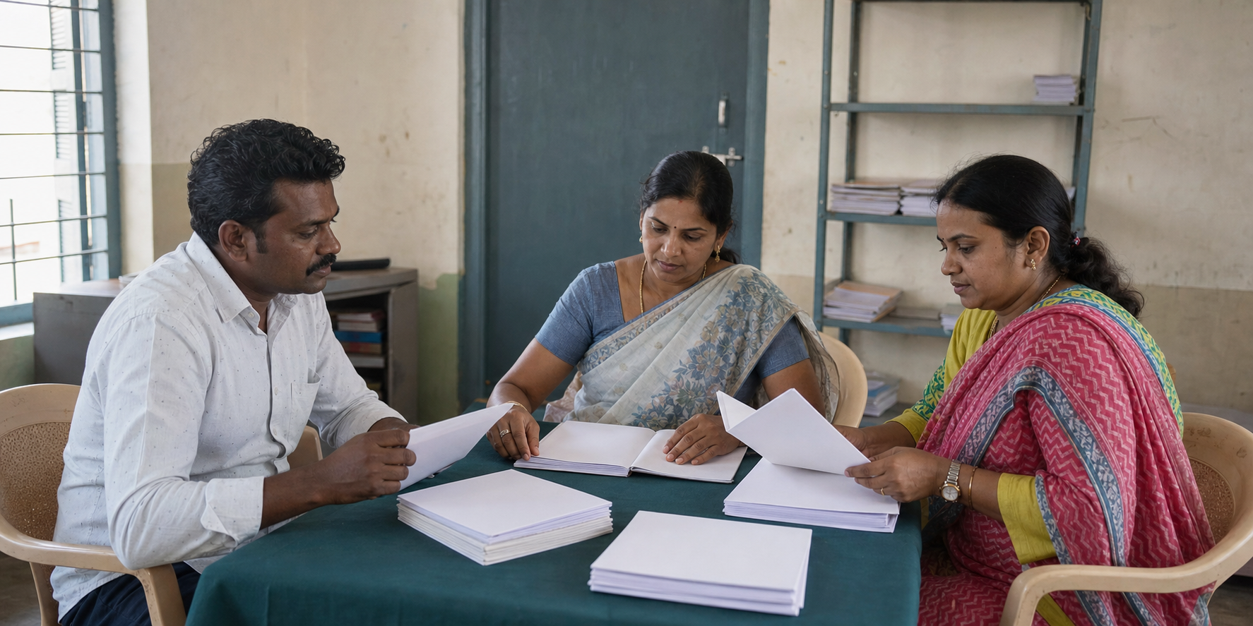 A parent, teacher and school administrator review unmarked notebooks together in a school meeting room.