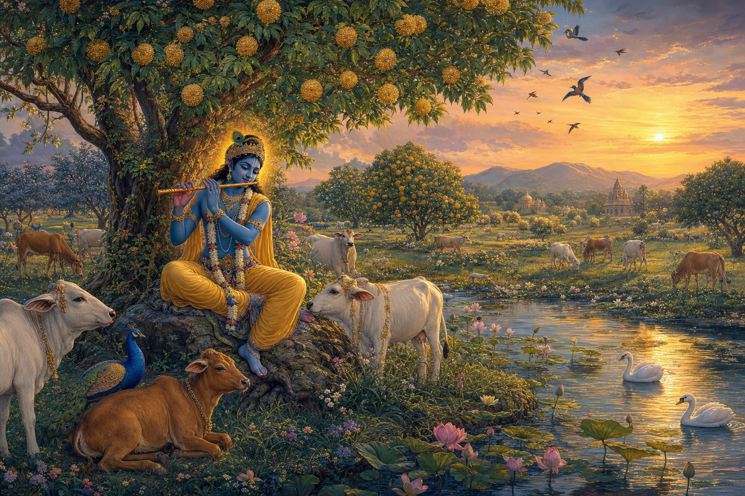 Blue Krishna plays his flute in a green pasture surrounded by cows, flowering trees, birds, lotus-edged water, and distant hills at dusk.