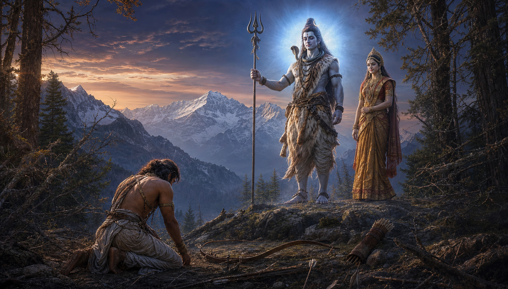 Arjuna kneels with his bow before Shiva and Parvati after Shiva reveals his divine form in a Himalayan forest.