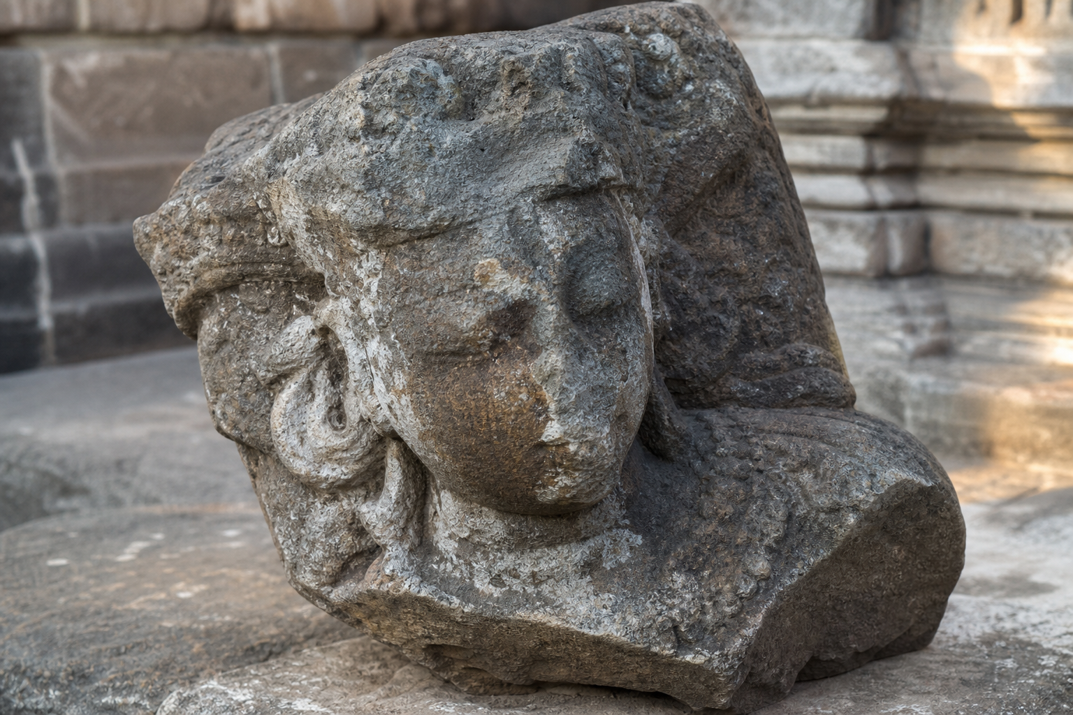 Close view of a weathered stone sculpture fragment with chipped edges and faint surviving carved details.
