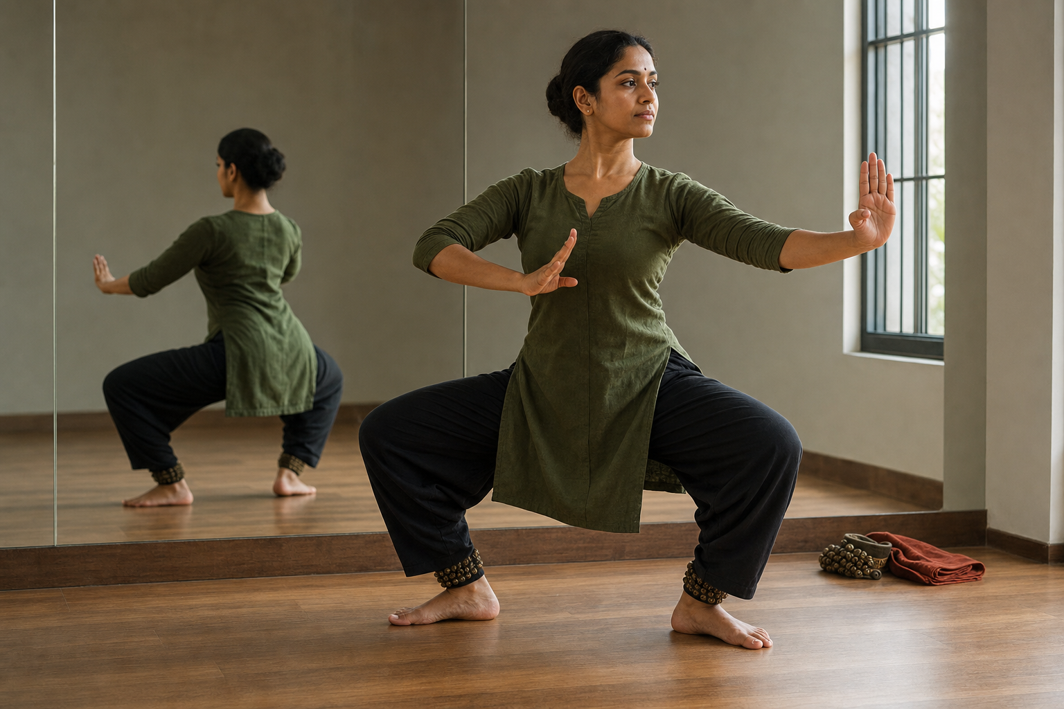 An adult classical dance student practices a grounded stance and controlled hand gesture while checking body alignment in a studio mirror.