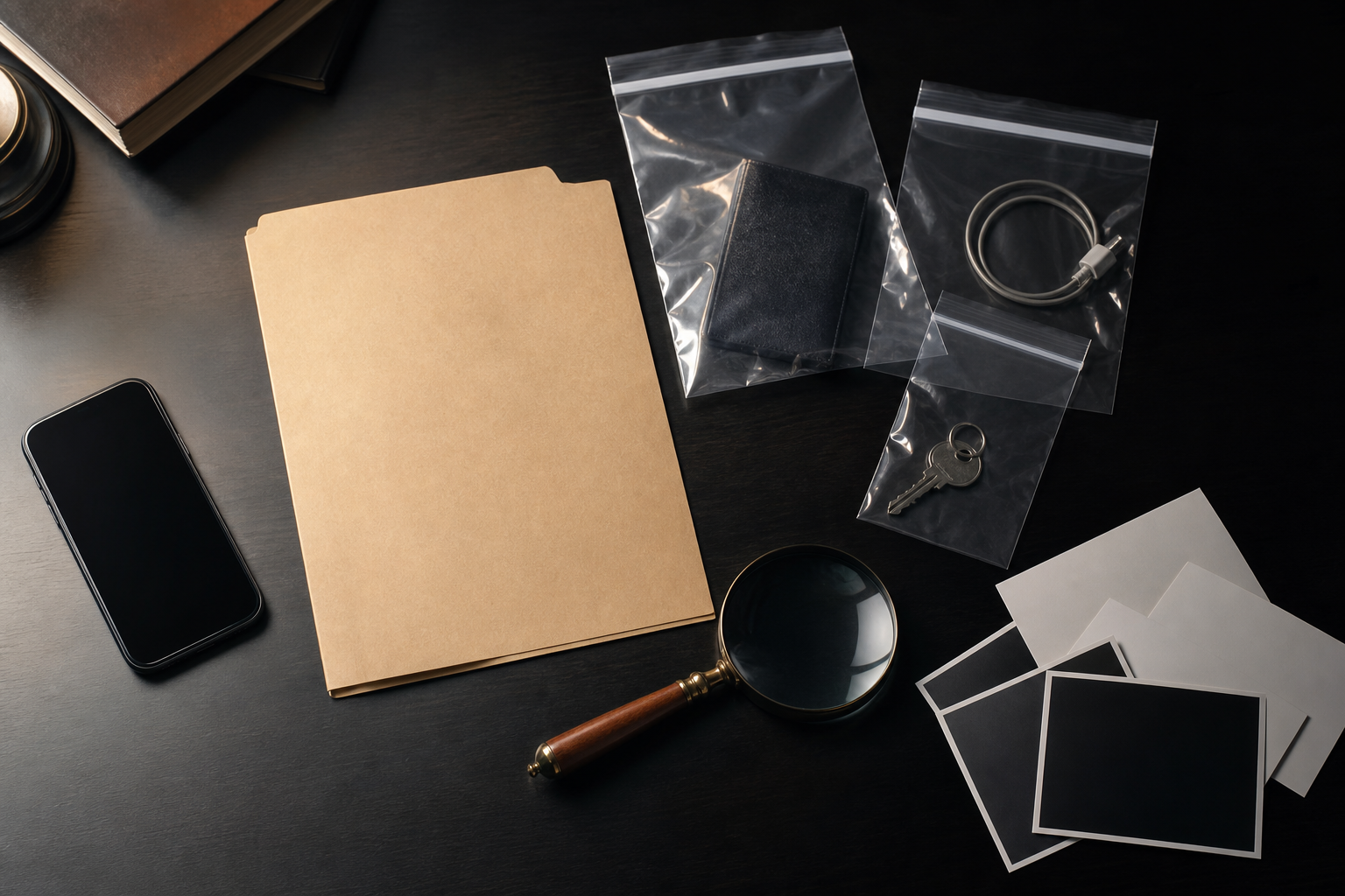 A smartphone, evidence sleeves, an unlabeled folder, and blank photographs sit on a desk divided between light and shadow.
