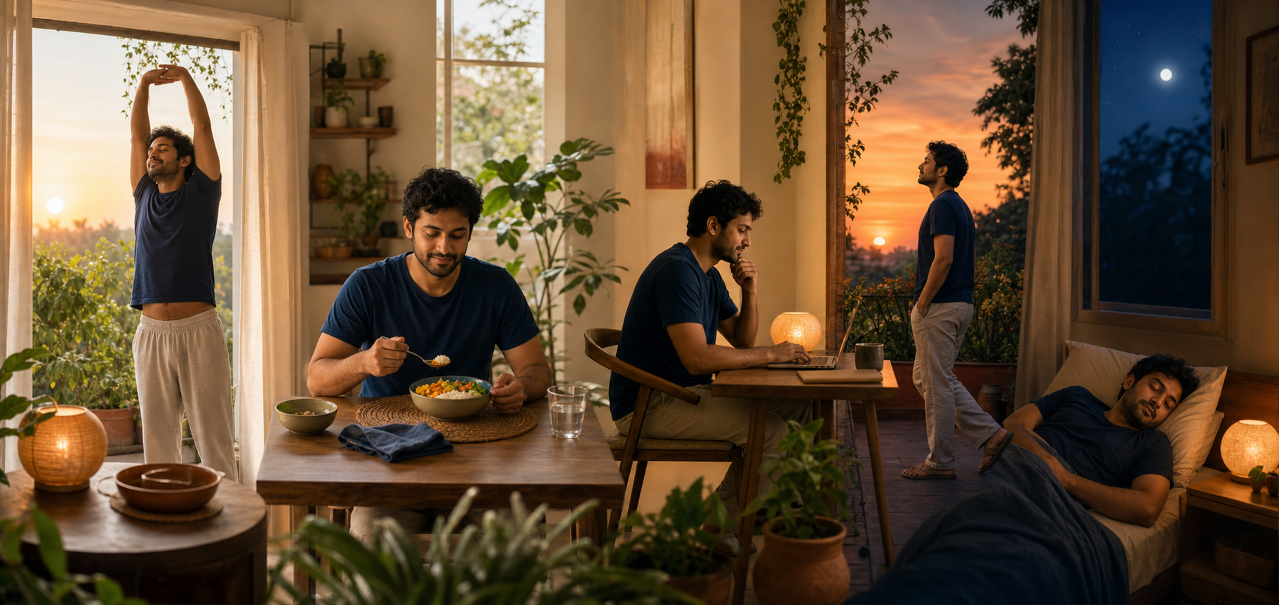 A continuous day-to-night scene shows a person stretching, eating a balanced meal, working, walking outdoors, and resting.