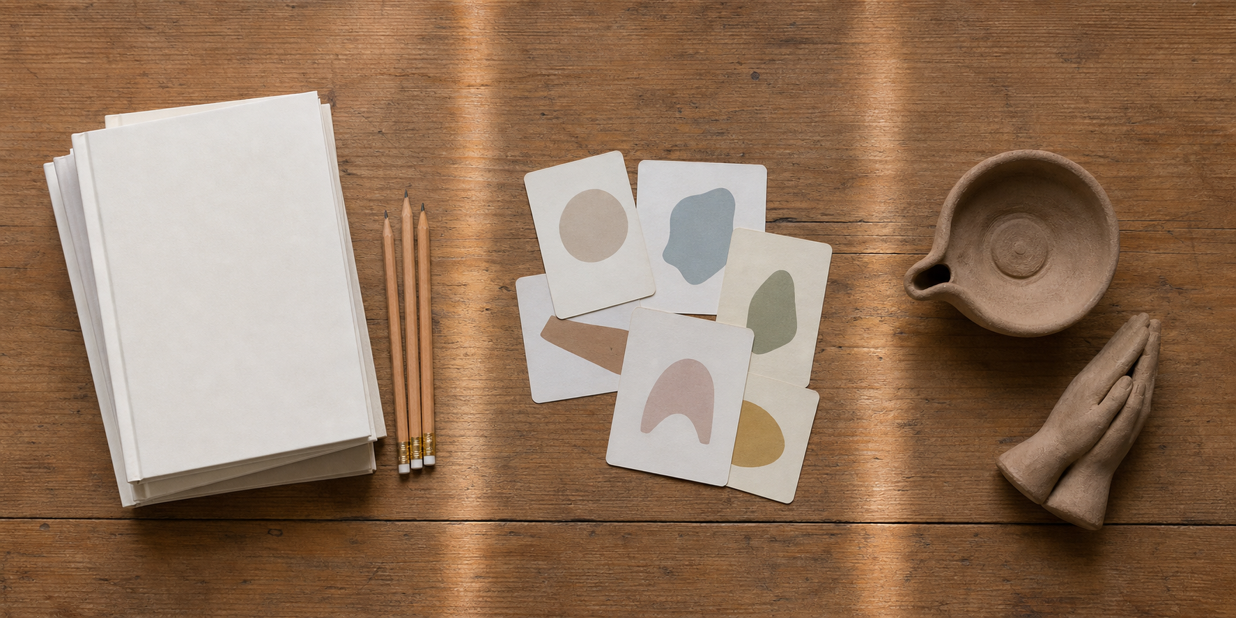 A classroom desk displays separate groups of schoolbooks, language-learning materials and a neutral clay lamp.