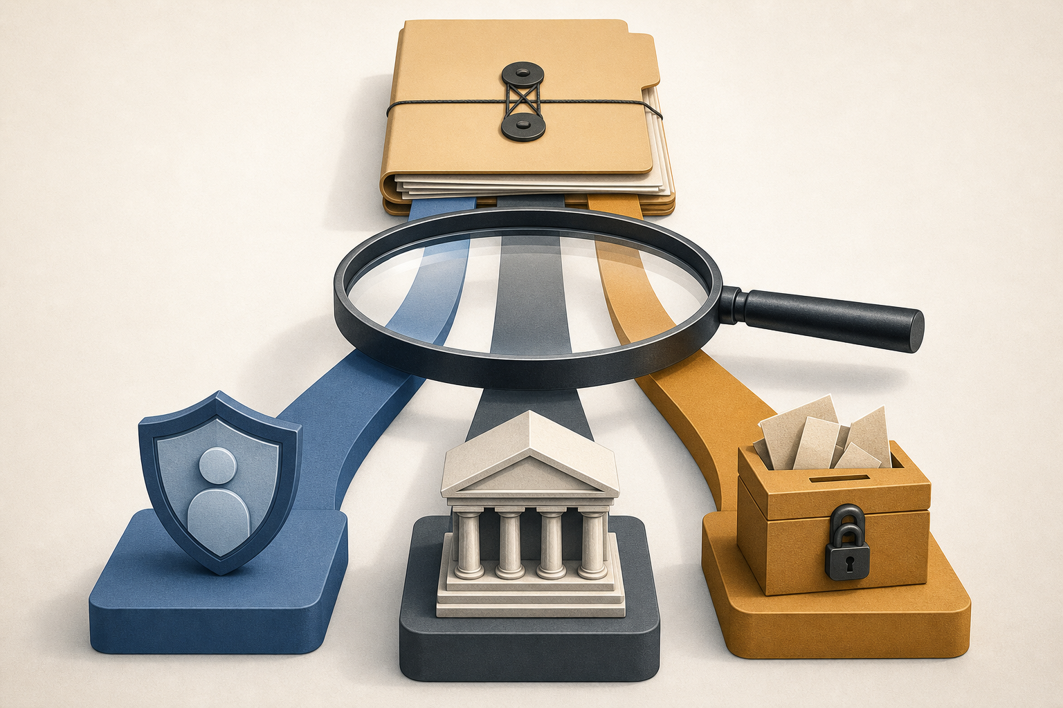 Three separate paths connect an inquiry folder with child protection, institutional oversight, and funding compliance symbols.