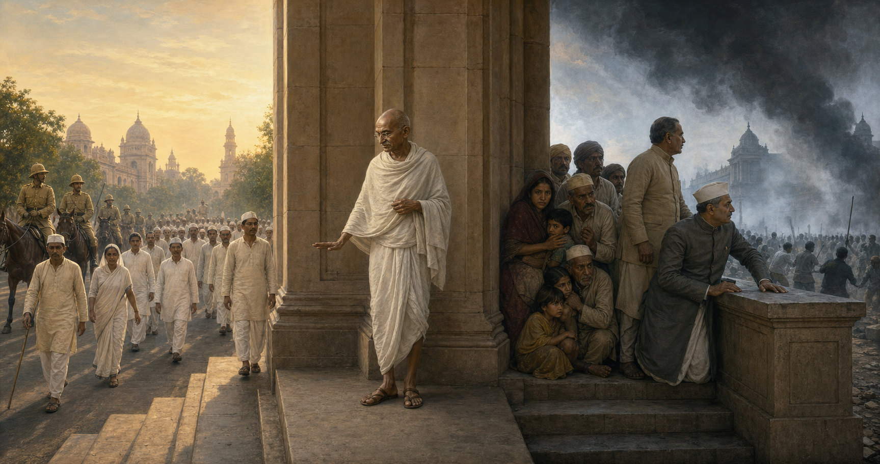An elderly Indian independence leader in white cloth stands between an unarmed street procession and civilians sheltering from an approaching threat.