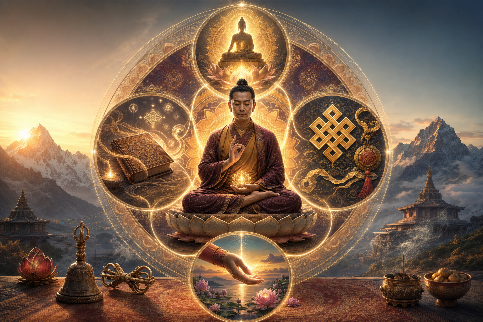 Meditating Buddhist practitioner within a golden mandala linking a Buddha, manuscript, endless knot, open hand, and lotus blossoms.