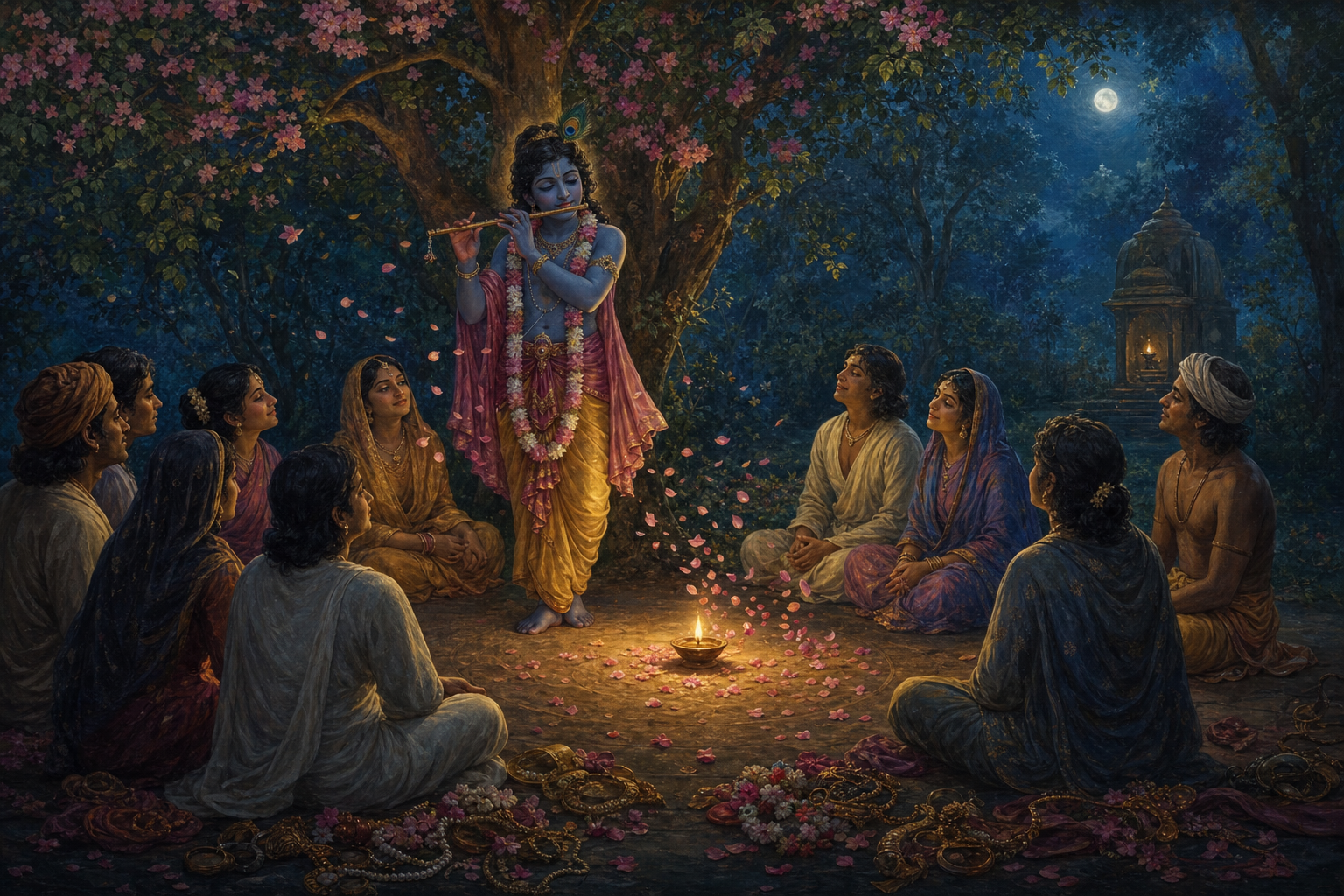 Krishna plays the flute in a forest clearing as seated devotees listen with empty hands beside flowers, ornaments, and a glowing oil lamp.