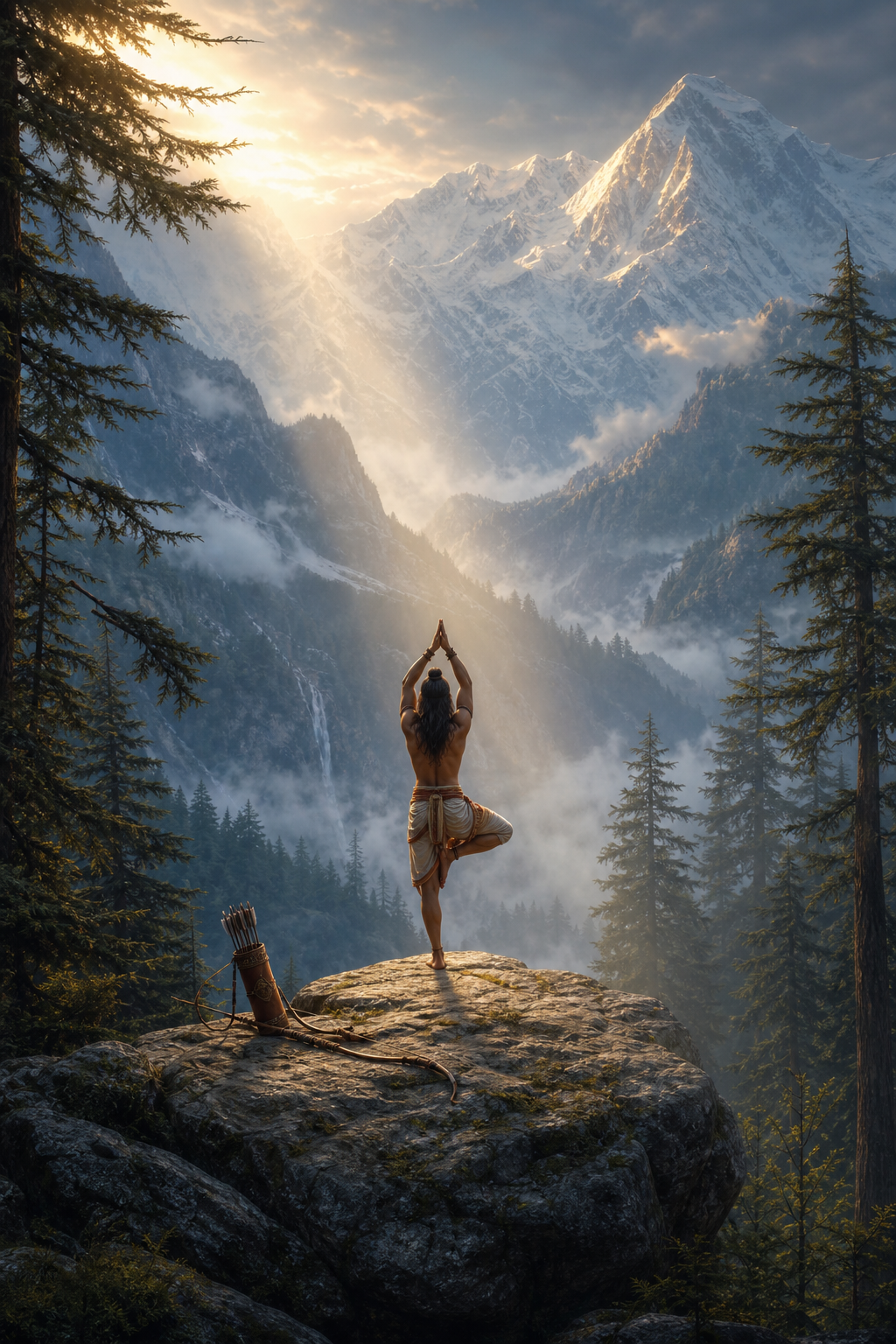Arjuna performs solitary penance on one leg in a forested Himalayan landscape with his bow nearby.
