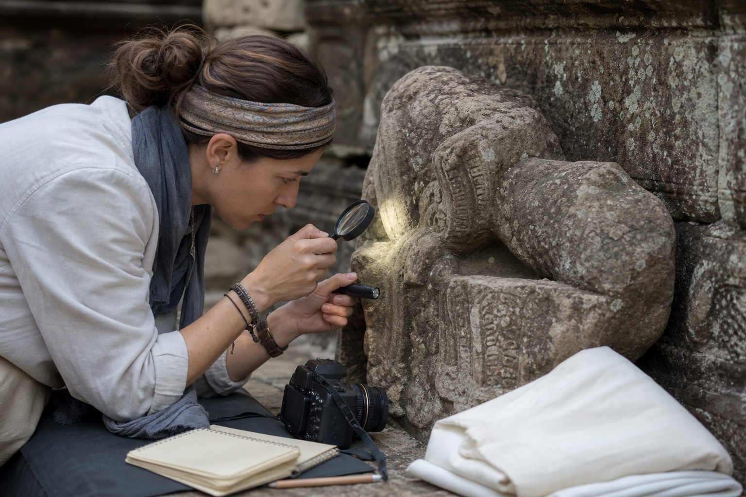A researcher uses a magnifying lens to examine the worn surface of an unidentified stone sculpture fragment.