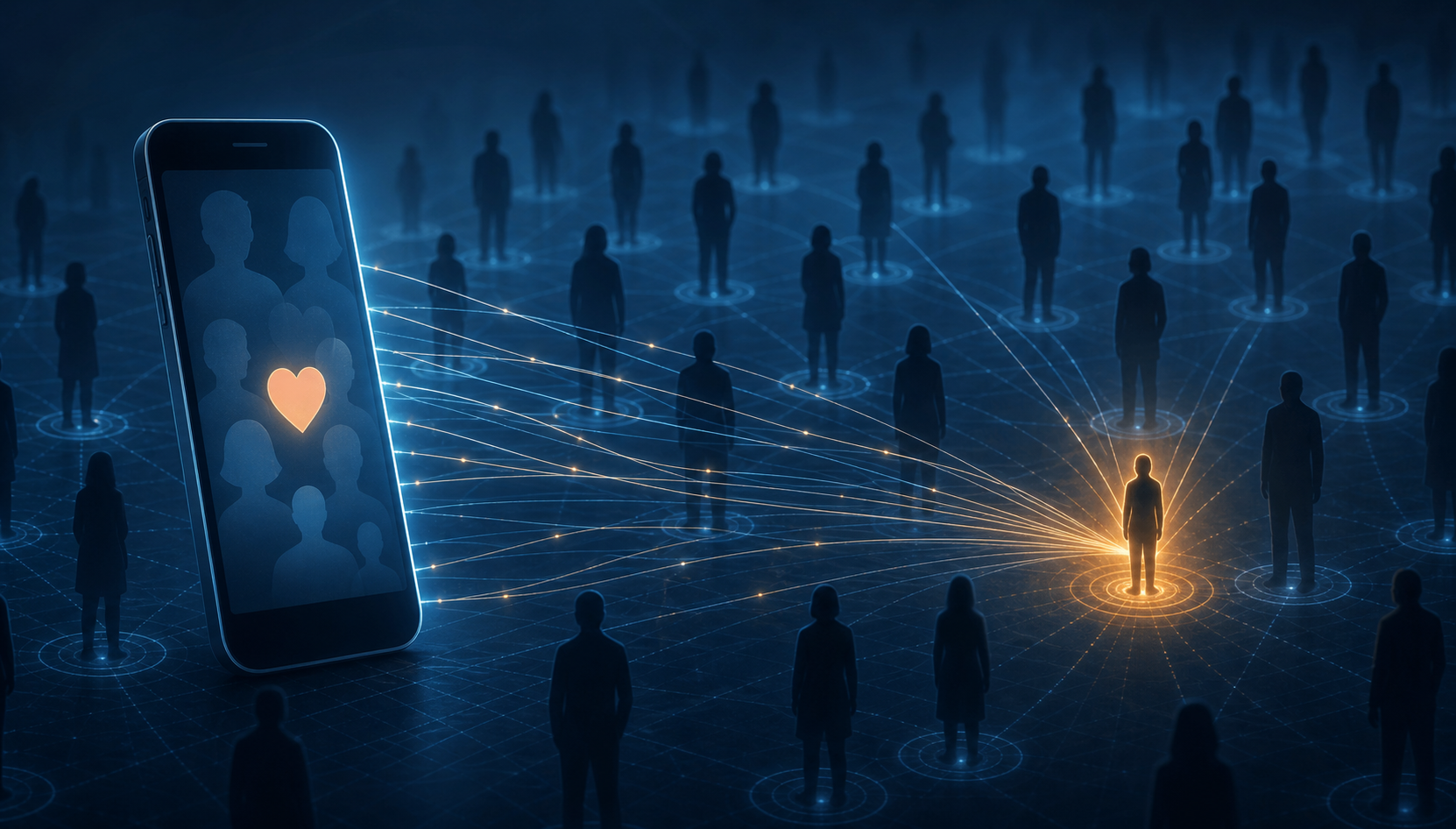An abstract romance profile on a phone connects to many anonymous silhouettes, with several digital threads converging on one figure.