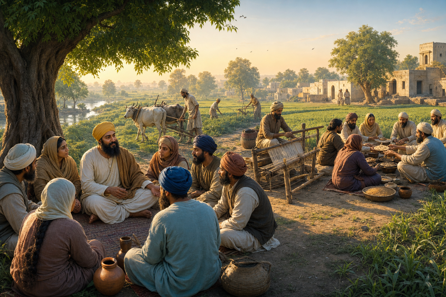 Guru Nanak sits beneath a tree as villagers nearby meditate, work in fields and crafts, and share food at a communal meal.