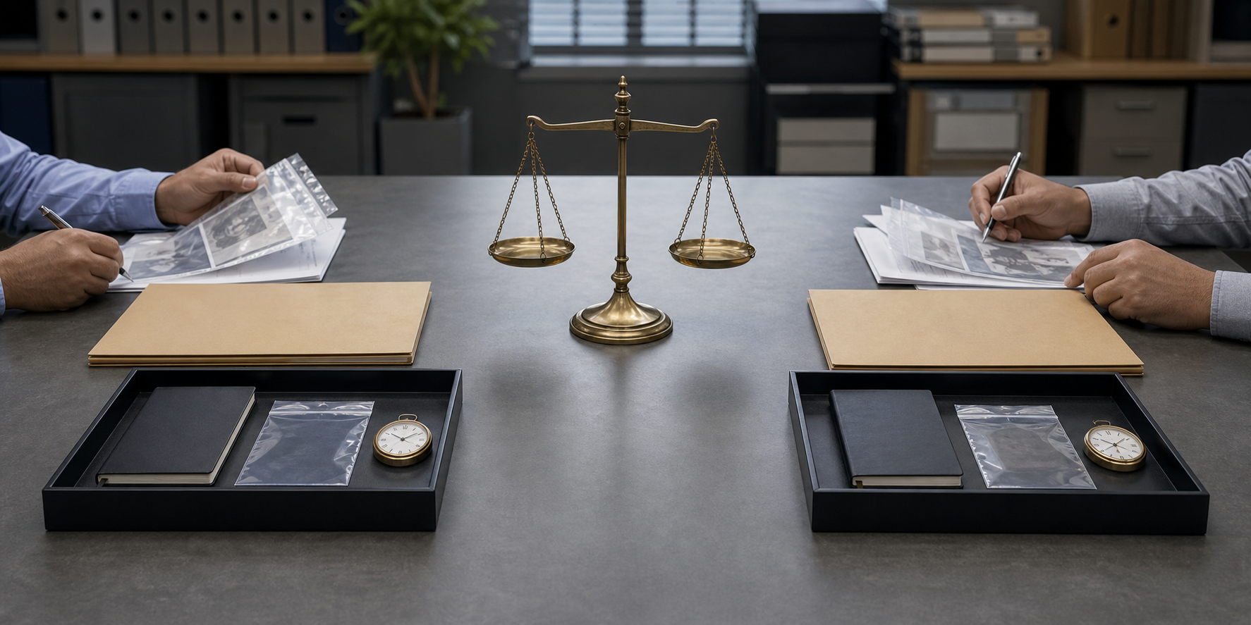 Two separate case folders and evidence trays are reviewed independently on either side of a balanced scale.