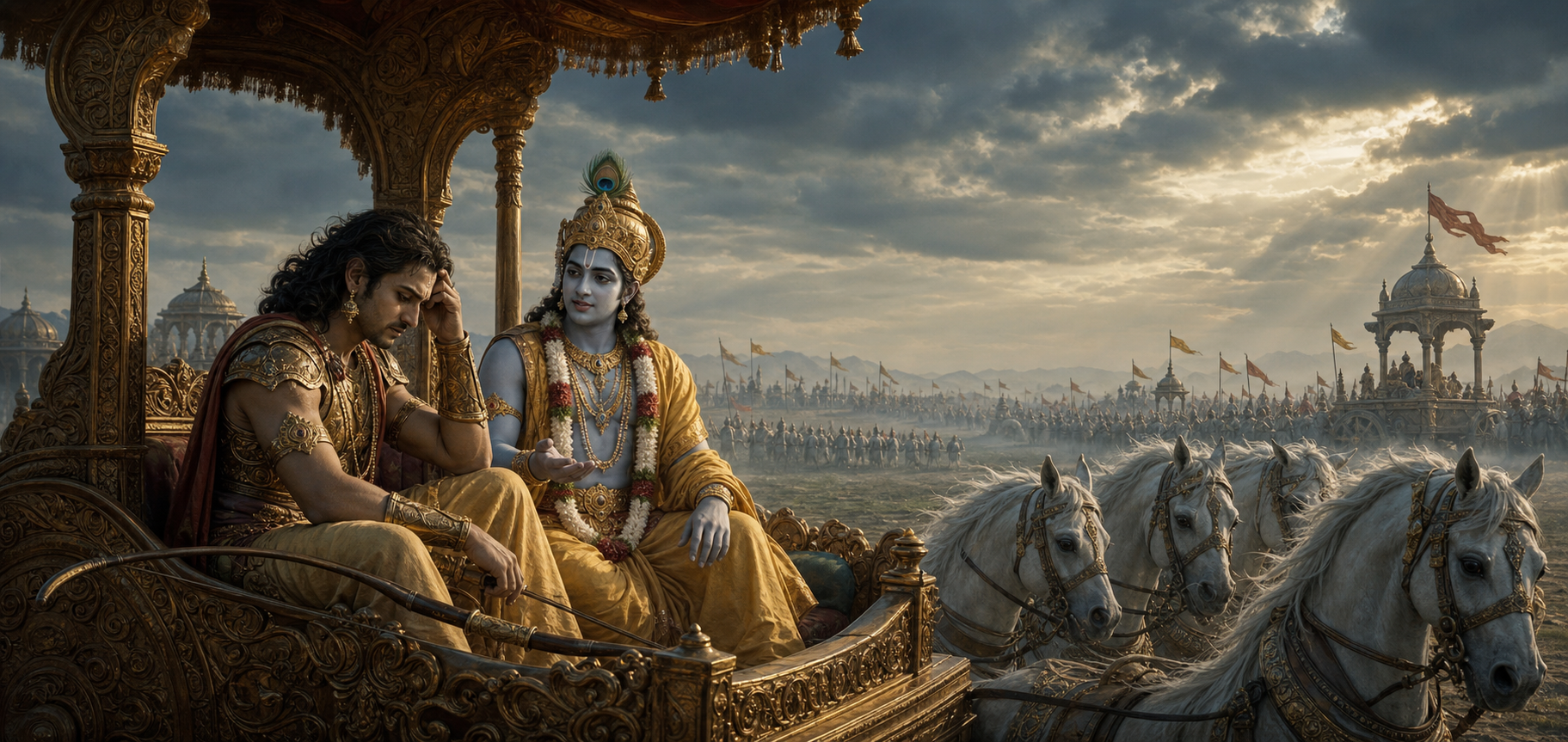 Arjuna sits distressed in a chariot with his bow lowered while Krishna speaks calmly beside him on a hazy battlefield.