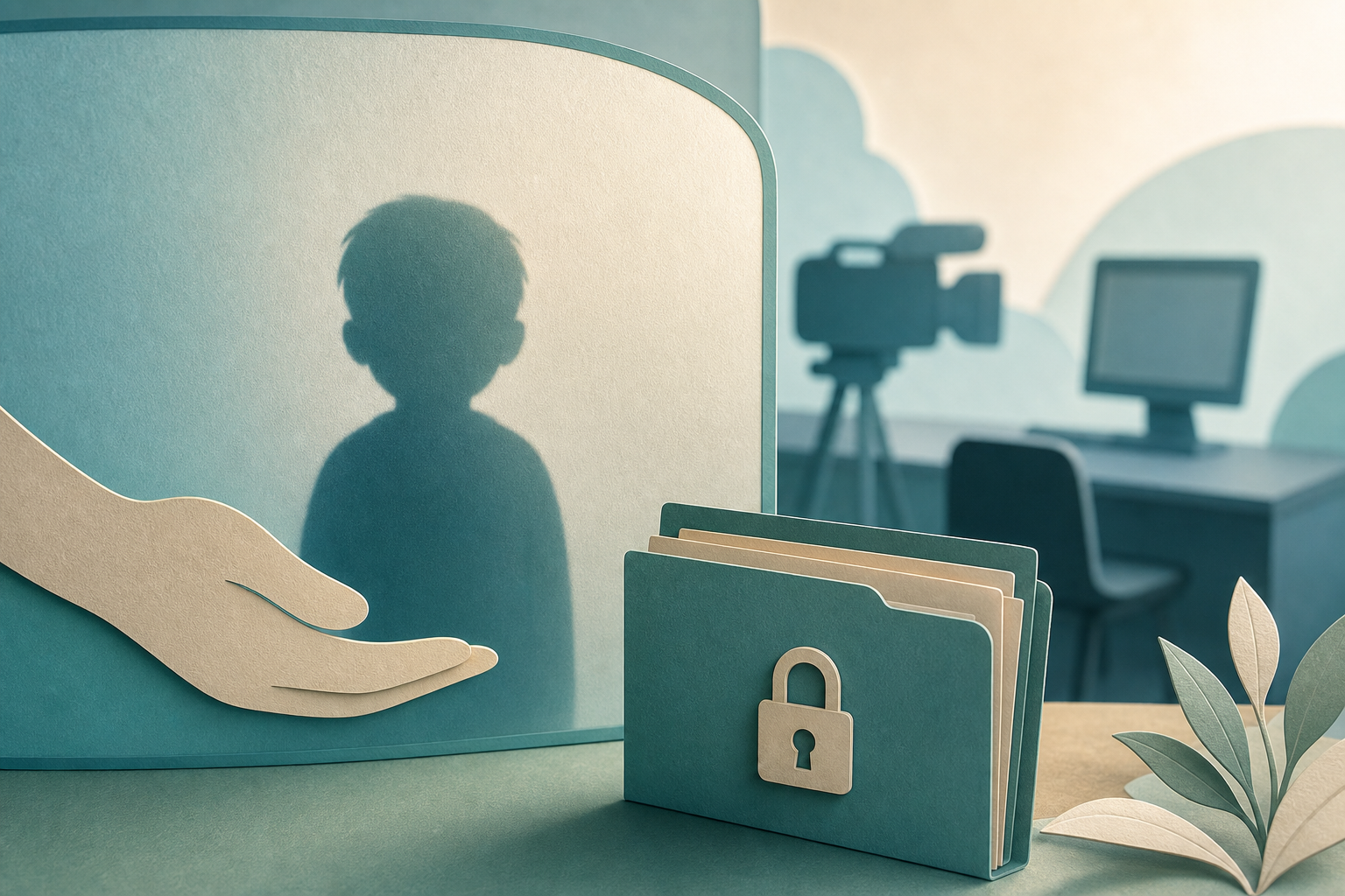 An anonymous child silhouette is protected by a privacy screen beside a locked medical folder, with blurred media devices in the background.