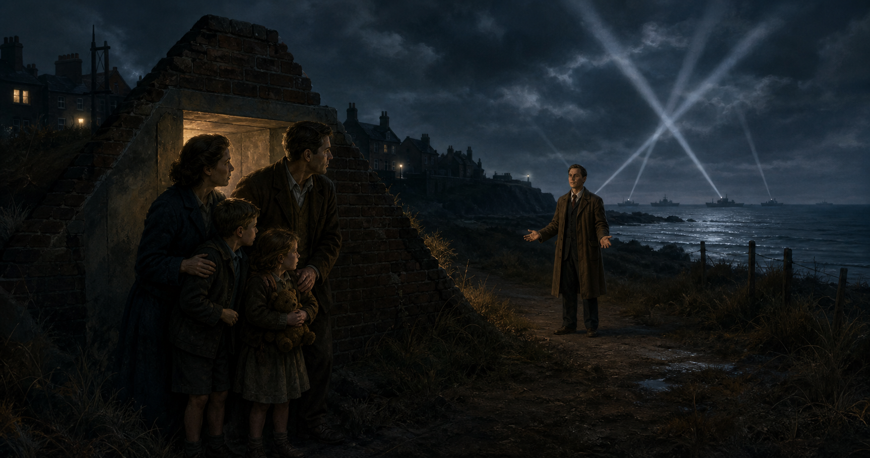 An unarmed family waits beside a wartime shelter as searchlights and a distant invading force appear beyond the coast.