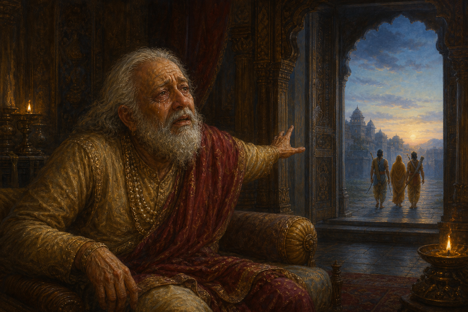 A grieving King Dasharatha sits with tear-clouded eyes as Rama, Sita, and Lakshmana depart through a distant palace doorway.