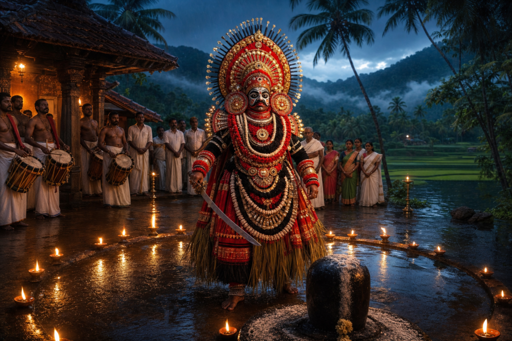 Guliga Daiva ritual medium in ornate red, black and gold ceremonial attire, surrounded by oil lamps, musicians and devotees in a rain-wet village courtyard.
