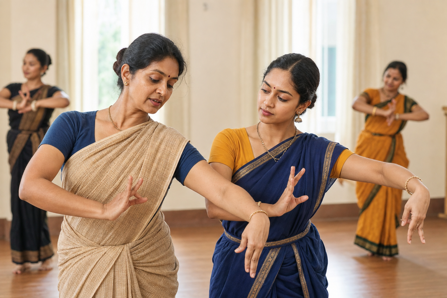 A classical dance teacher demonstrates a wrist and gaze adjustment as an adult student attentively repeats the movement.