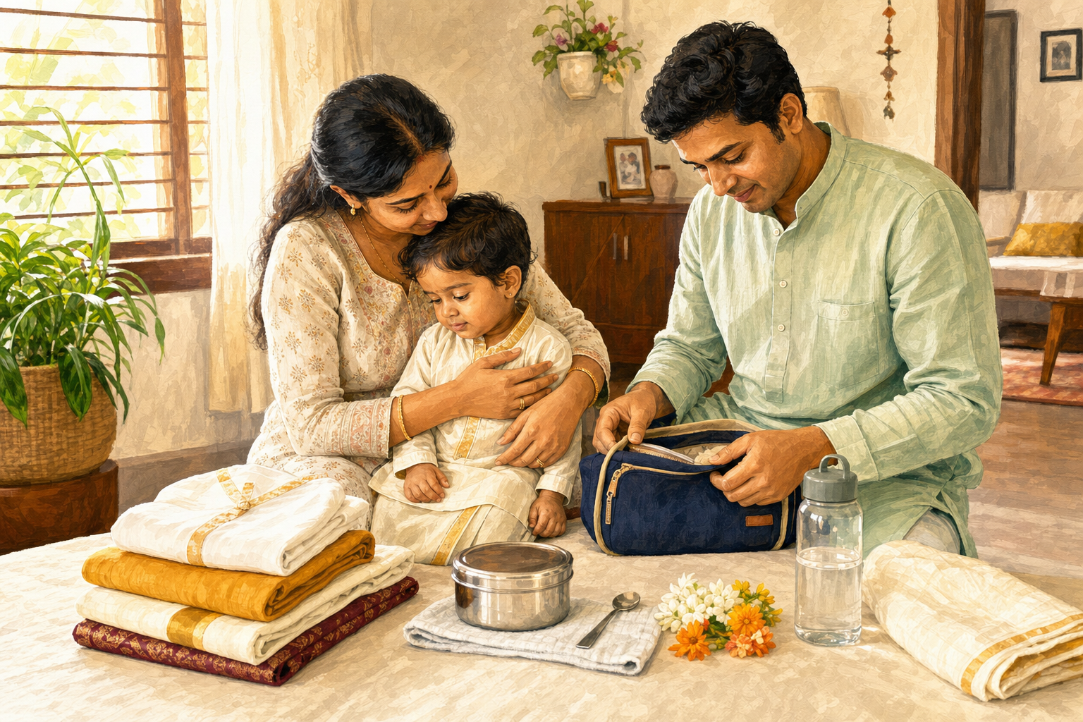 Parents prepare ceremonial clothing, feeding utensils, water, flowers and child-care supplies while comforting their toddler.