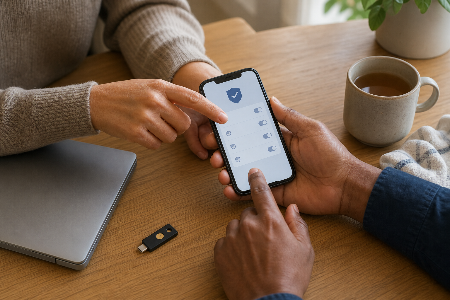 Several adults calmly review unlabeled privacy controls on a smartphone beside a laptop and security key at a kitchen table.