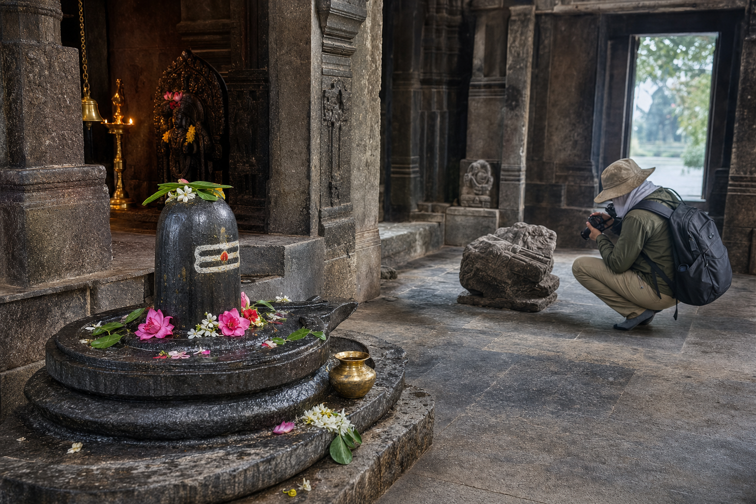 Offerings rest near an active Shiva shrine while a conservation worker photographs a nearby stone sculpture fragment.