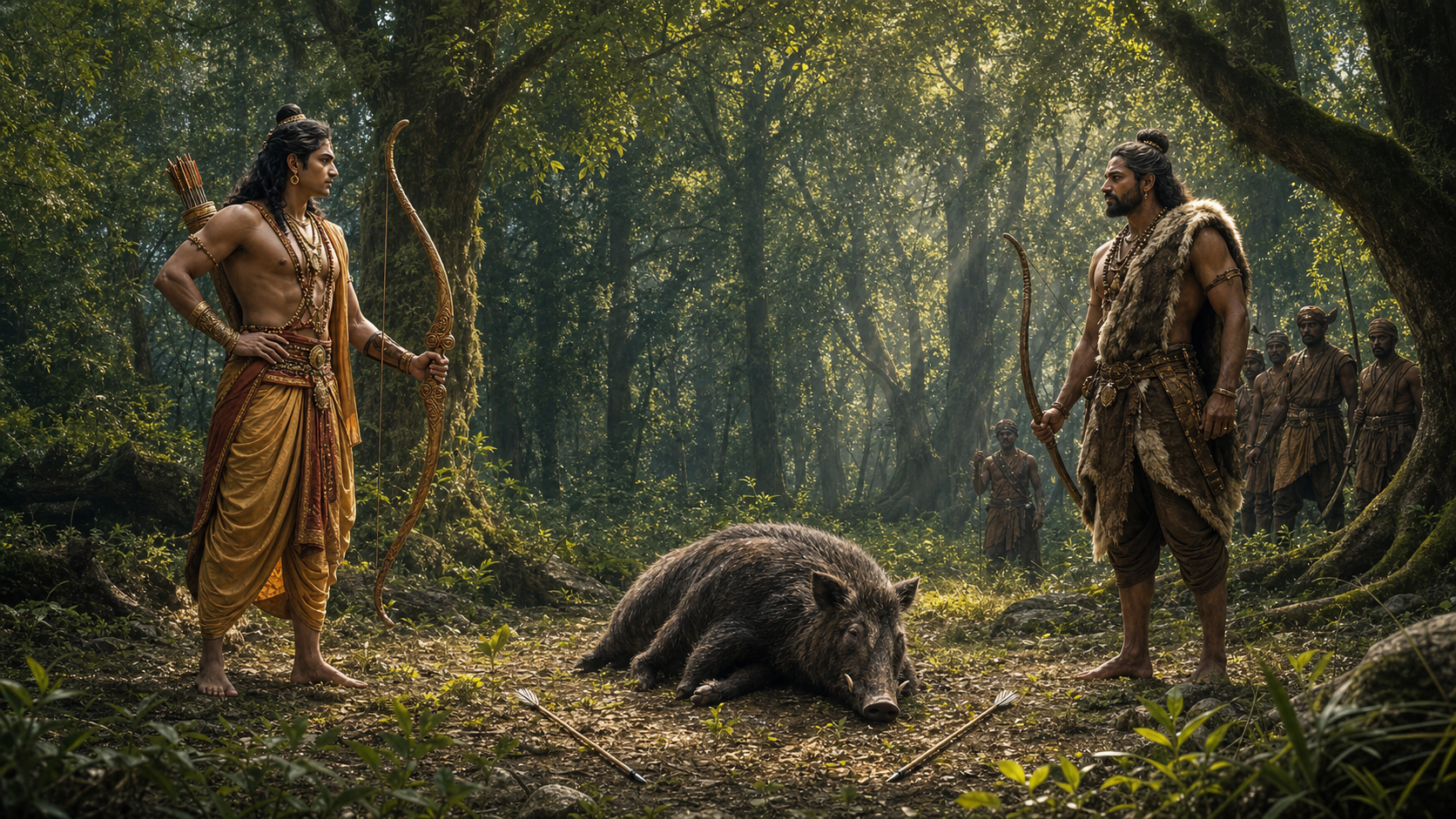 Arjuna confronts a Kirata hunter beside a fallen wild boar pierced by two arrows in a mountain forest.