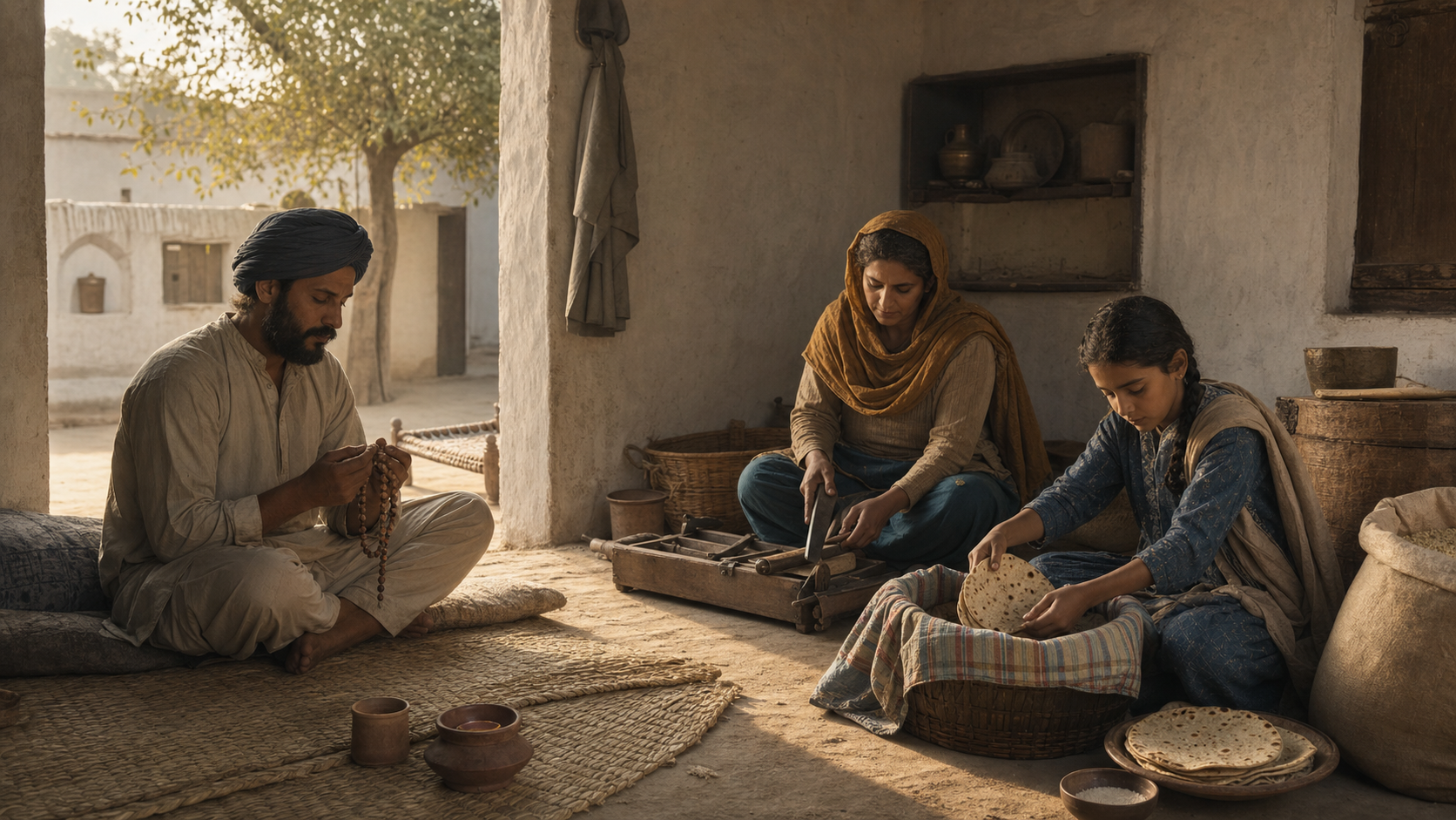 A family in a simple Punjabi home practices quiet remembrance, prepares work tools, and sets aside flatbread to share.