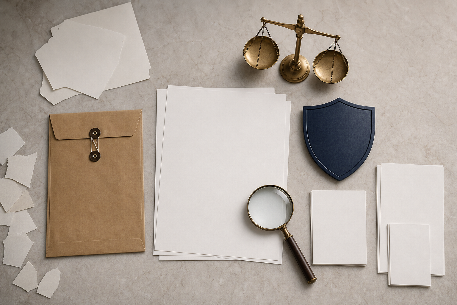 Organized blank documents, an evidence envelope, magnifying glass, scales, and a child-protection shield lie on a review table.