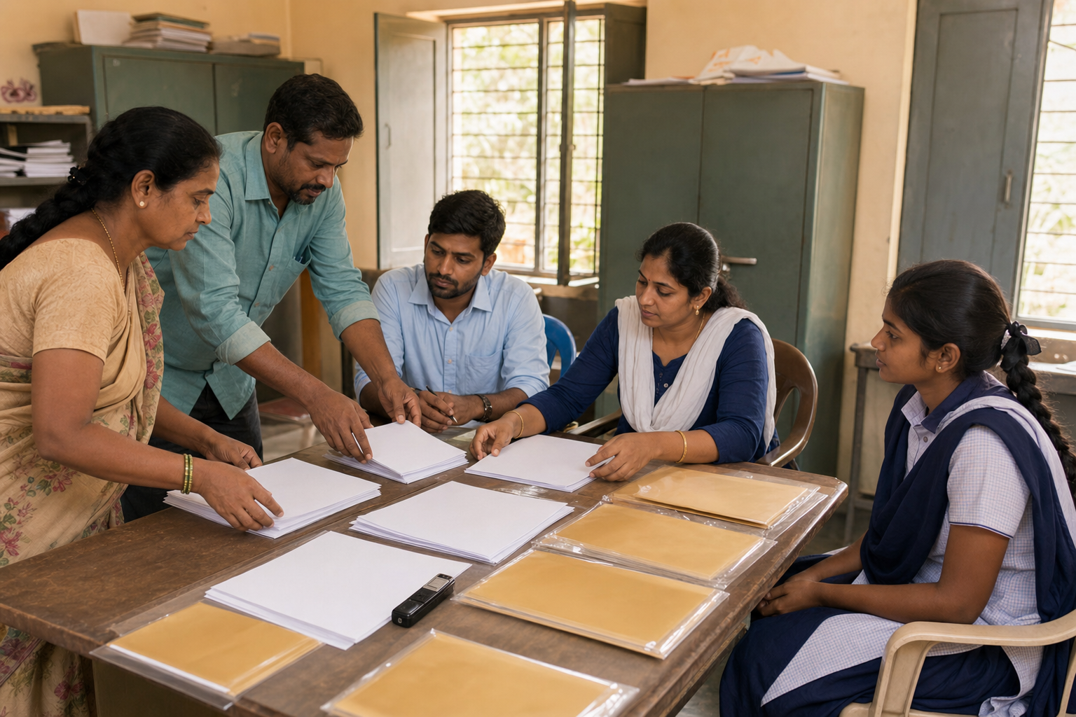 Parents, teachers, a facilitator and a student representative organize blank records and evidence materials in a sunlit school office.