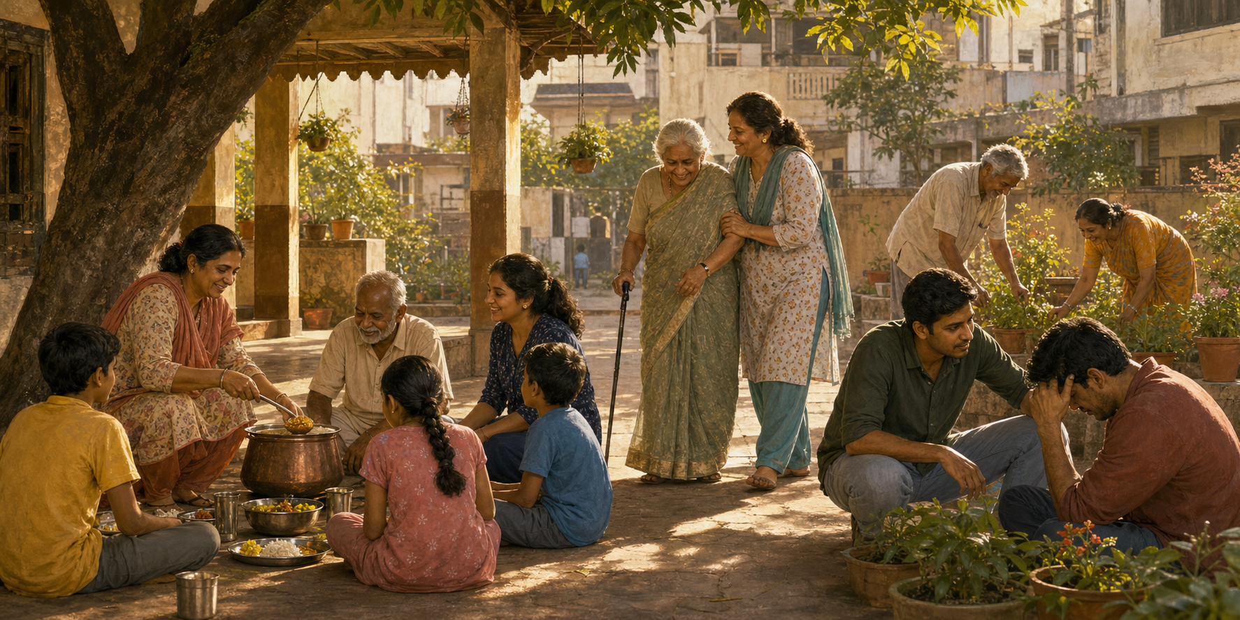 People of several generations share food, tend a garden, assist an older adult, and offer emotional support in a neighborhood courtyard.