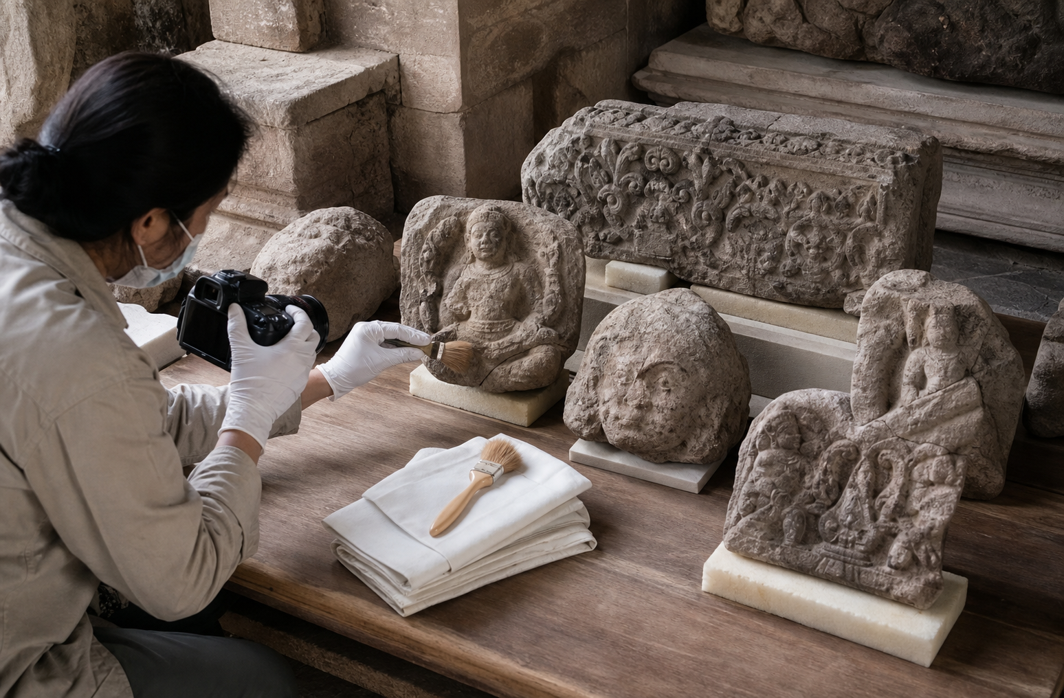 A heritage worker documents weathered temple sculpture fragments using a camera and basic conservation materials.