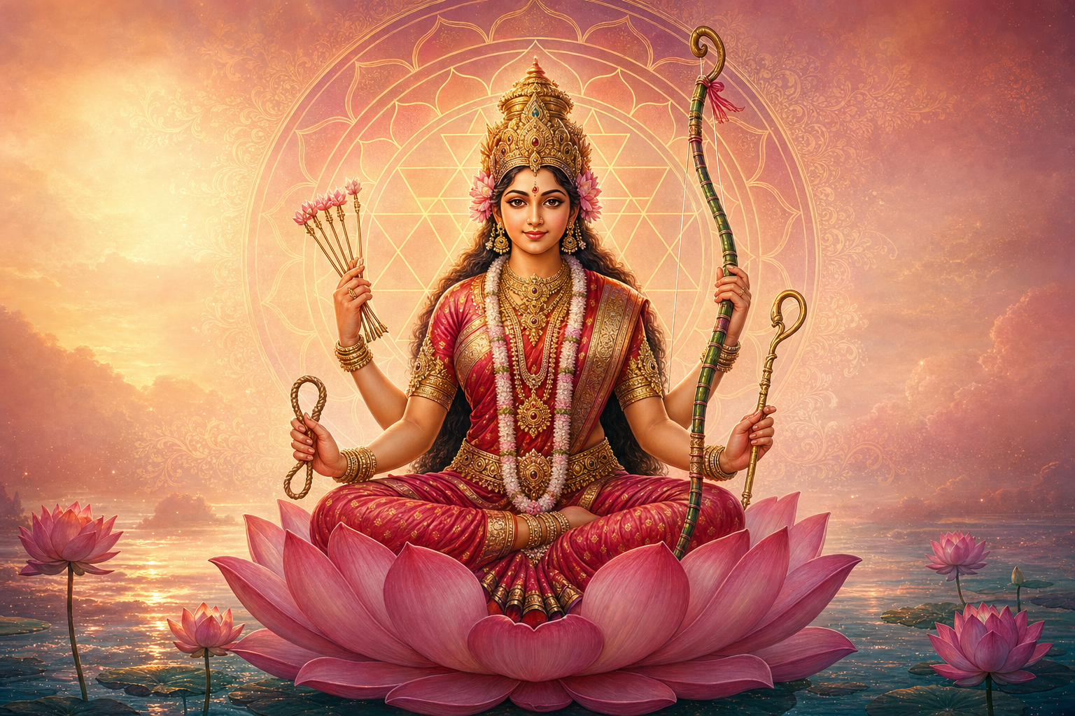 Kamalakshi, the lotus-eyed form of Lalita Tripurasundari, seated on a pink lotus with four sacred emblems and a golden Sri Chakra-inspired halo.