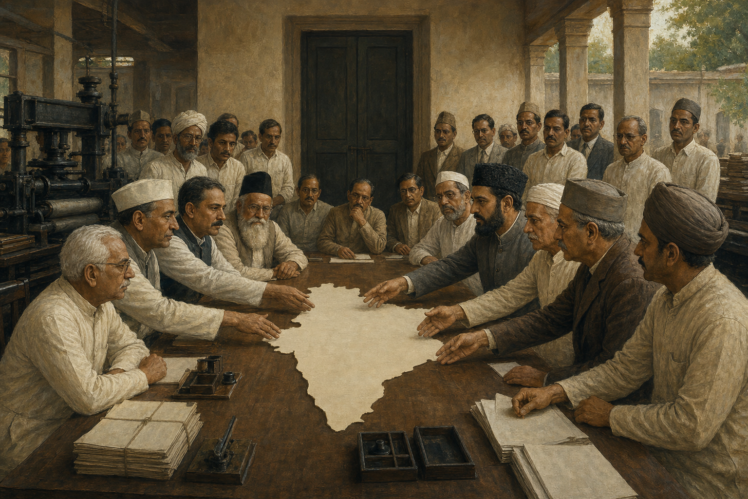 Hindu and Muslim civic representatives sit around a table in a colonial-era newspaper courtyard with an unmarked sheet between them.